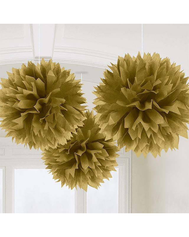 Gold Paper Pom Pom Decorations - 40cm (3pk)